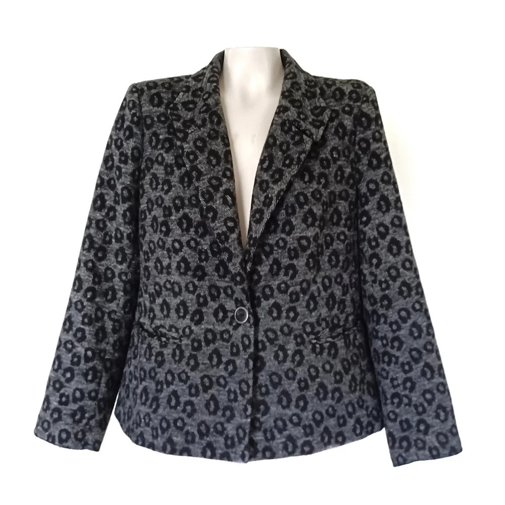 Gray One Button Animal Print Jacket Blazer Cheeth Lepard